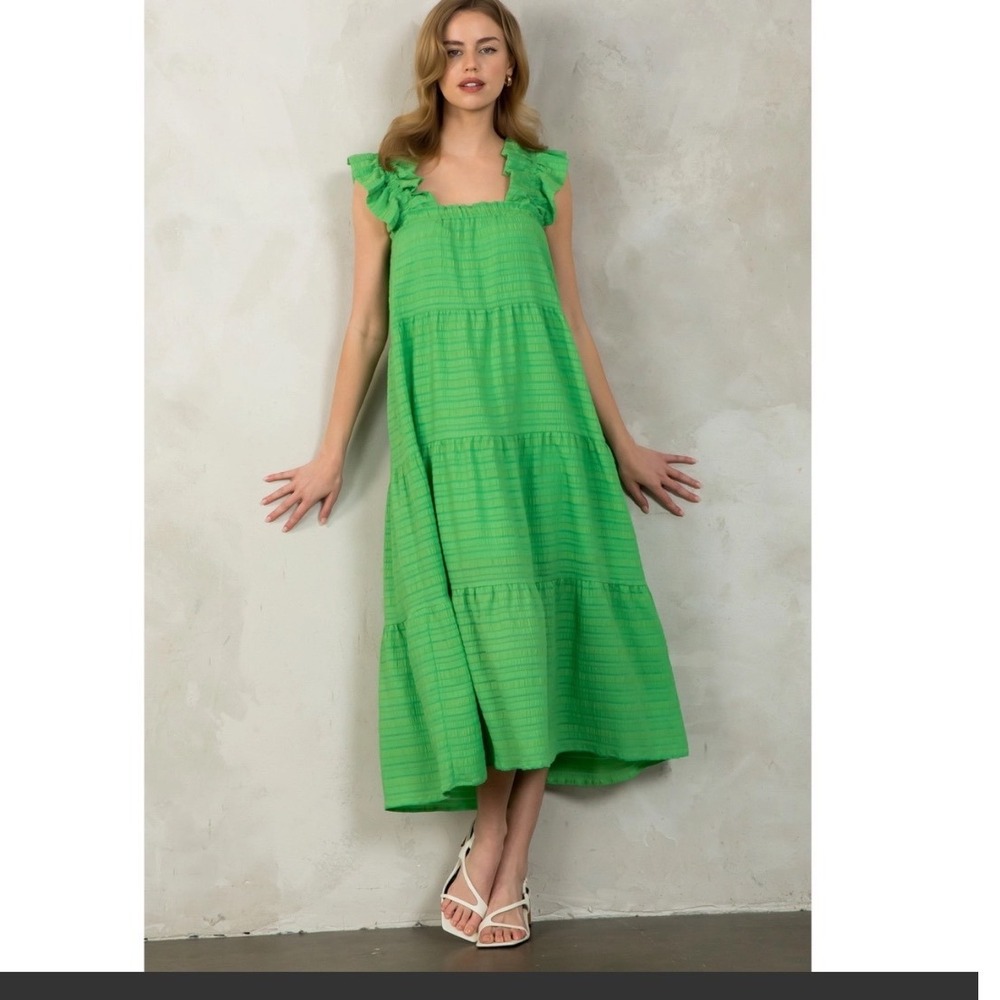 THML Green Tiered Ruffle Shoulder Midi Dress Womens Small